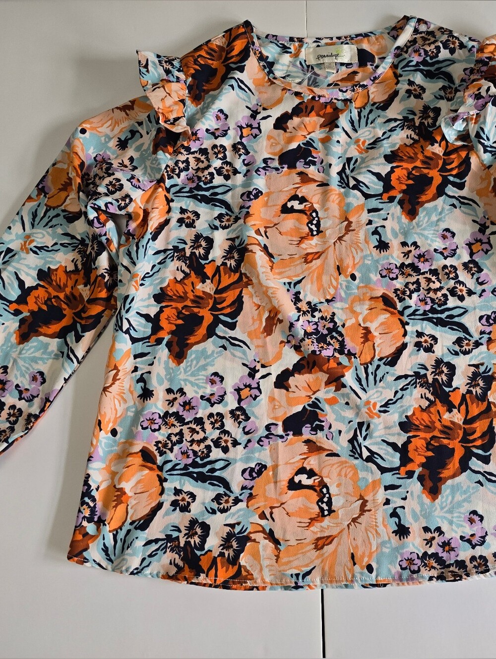NWT Porridge Floral Ruffle Shoulder Blouse — Orange Multi